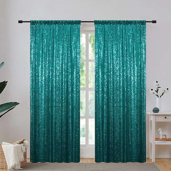 Eternal Beauty Teal Sequin Backdrop Curtains, Shimmer Back Drop 4Panels-2FTx8FT for Christmas, Party, Birthday, Photography, Wedding, Baby Shower Event Decoration