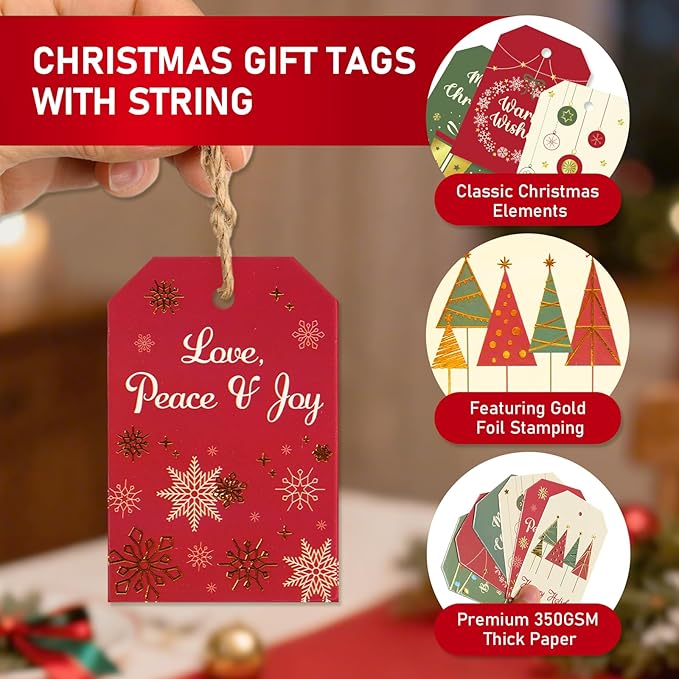 Christmas Gift Tags with String, 96 Pcs Christmas Hanging Tags Label Gold Foil Xmas Present Tag for DIY Xmas Holiday Present Wrapping Decorations, 6 Styles