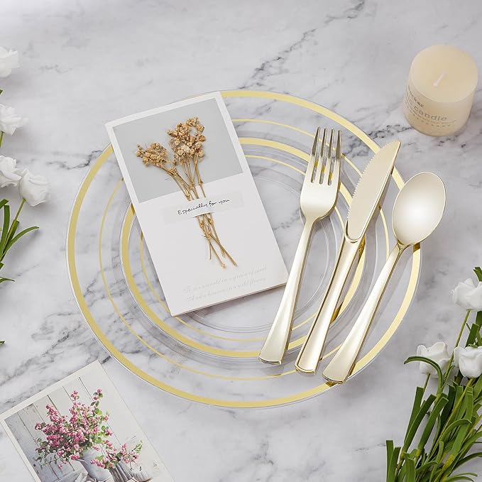 BESTVIP 600PCS Clear Gold Dinnerware Set for 100 Guests, Plastic Plates for Party, Christmas and New Year, 100 Disposable Plates, 100 Dessert Plates, 100 Cups, 100 Spoons, 100 Forks and 100 Knives