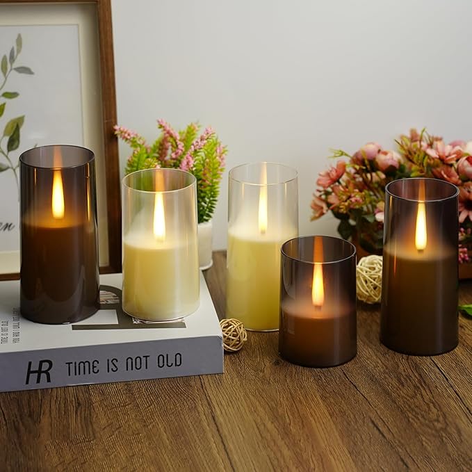 Flameless LED Candles, Upgraded Realistic Flickering Pillar Battery Operated Candles with Remote Timer, Acrylic Electric Set of 2 for Romantic Ambiance and Home Decoration(Grey)