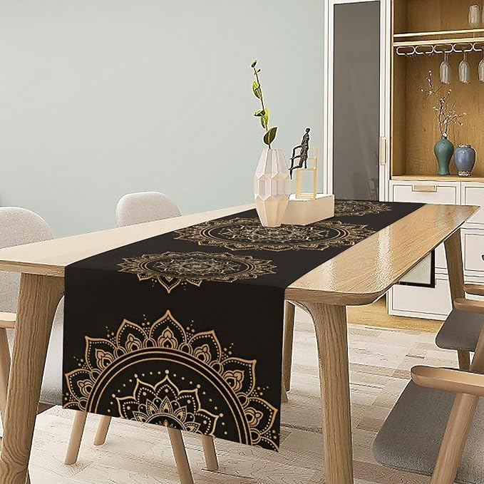 Golden Mandala Table Runner, Traditional Indian Gold Black Flower Vintage Luxury Bohemian Mandala Table Runner for Home Kitchen Dinning Table Indoor Outdoor Holiday, 13x90inch