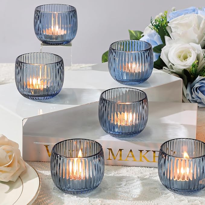 Set of 6 Ribbed Glass Votive Candle Holders, Blue Glass Tealight Holders for Taper Candles - Elegant Table Centerpieces for Weddings, Christmas, Parties, and Home Decor