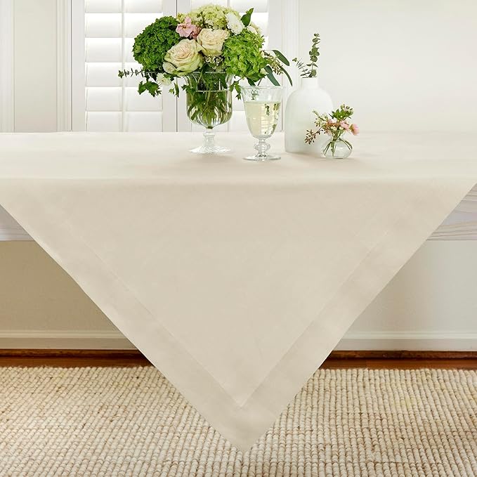 Solino Home Linen Tablecloth 52 x 52 Inch - 100% Pure Linen Birch Square Tablecloth - Fete, Machine Washable Table Throw for Fall, Autumn, Thanksgiving