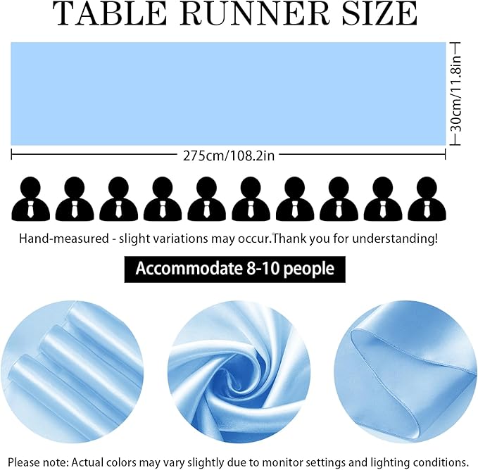 SHEJIZE 2 Pack Light Blue Satin Table Runner 12x108 Inches Long, Bright Silky Smooth Satin Table Runner Table Decor for Wedding Banquet Christmas Prom Event Birthday Party