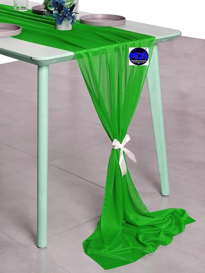 MDS 5 Pack 10ft Chiffon Table Runner 29 x 120 Inches Sheer Wedding Runner Romantic Rustic Table Runner for Wedding Decorations, Birthday Parties, Bridal Shower Party Arch Decor - Green