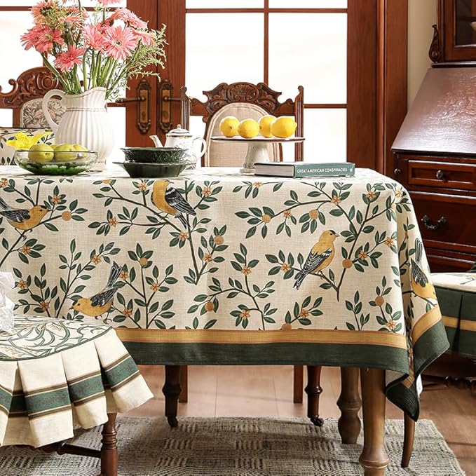 patdrea Designer French Table Cloth for Rectangle Table,Vintage Green Linen Birds and Leaves Pattern Tablecloths,Dacorative Cover Kitchen Dining,Christmas,Thanksgiving,Party,67"x118"-Warbler