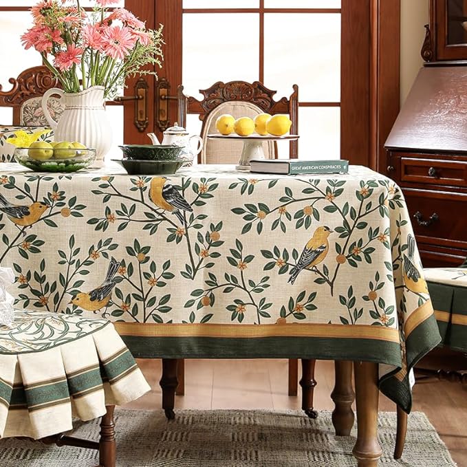 patdrea Designer Vintage French Floral Square Tablecloth,Yellow Brids Green Leaves Pattern Linen Table Cloth,Decor Kitchen Dining Holiday Banquet Christmas,Thanksgiving,Party,67"x67"-Warbler