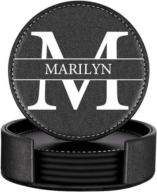 Custom Coasters Set of 6, Personalized Leather Coasters for Drinks with Holder, Customized Coasters Name, Photo, Logo for Coffee Table Bar Wine Cup Housewarming