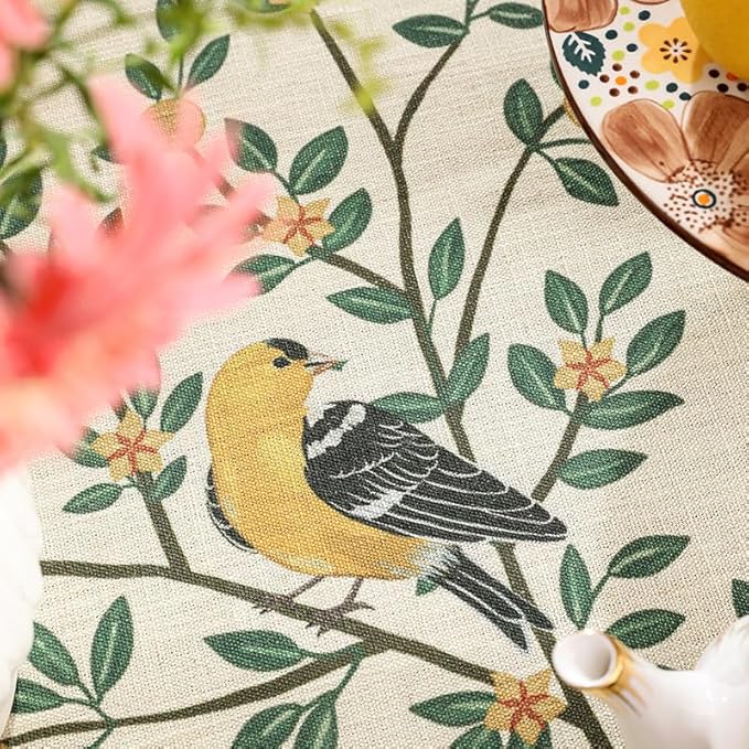 patdrea Designer Vintage French Small Rectangle Table Cloth,Green Linen Yellow Birds and Leaves Pattern Tablecloth,Decor Table Cover Kitchen Dining Christmas,Banquet,Thanksgiving,55"x71"-Warbler