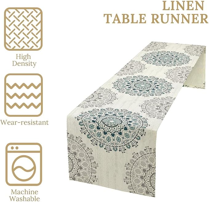 Boho Flower Table Runner, Bohemian Turquoise Mandala White Teal Floral Kitchen Dining Table Runners for Indoor Outdoor Home Party Holiday Decor, 13x90inch