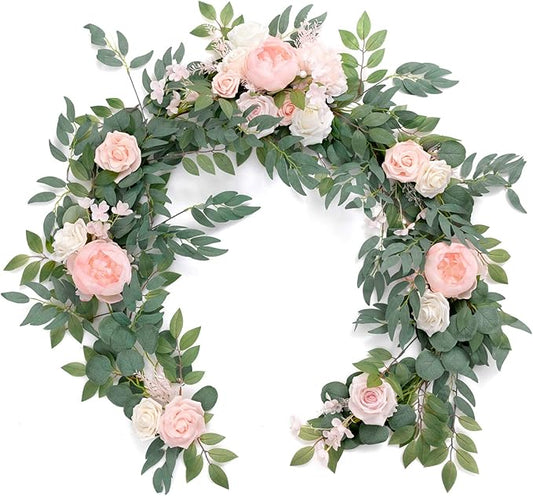 Ling's Moment Arch Flower Garland - 6FT Eucalyptus & Rose - Sweetheart Table Decor for Wedding Reception, Artificial Floral Garland for Mantle, Thanksgiving, Christmas Decoration, Blush Pink & Cream