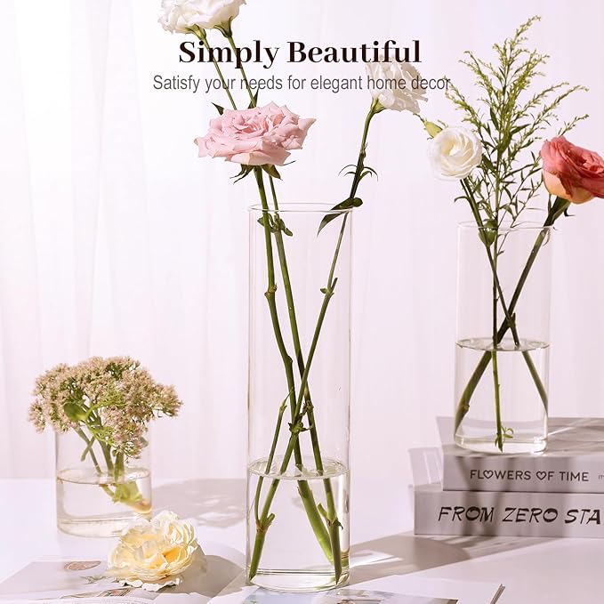 12 Pack Glass Cylinder Vases 4, 8, 12 Inch Tall Clear Vases for Centerpieces Wedding Decoration, Clear Glass Flower Vases Hurricane Floating Candle Holder for Party Table Home Decor