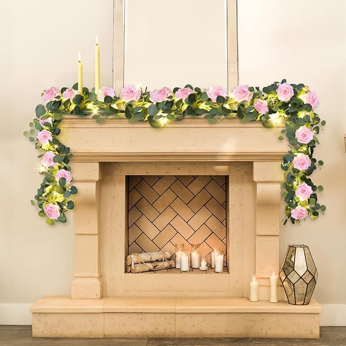 MACTING 4 Pack 26.4FT Eucalyptus Garland with Lights - Spring Gypsophila Flower Garlands with 48 Pink Roses Artificial Floral Greenery Vines for Arch Table Centerpieces Backdrop Party Wedding Decor