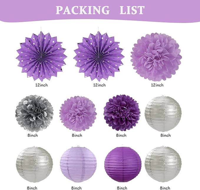 Purple and Silver Party Decorations-21PCS Happy Banner,Paper Lanterns Streamers,Tissue Pom Poms Honeycomb Flower Fan, Baby Bridal Shower Wedding Retirement Bachelorette Hanging Supplies Decor