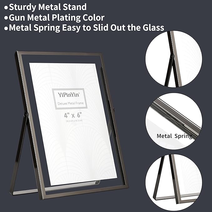 4x6'' Charcoal Black Double Floating Frame, for 2x3'', 3x5''. Black Plated Metal Frames For Tabletop/Shelf Photo Frame, Gift Choice for Wedding, Easter, Christmas,Birthady, Home or Office Decor.