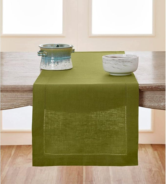 Solino Home Linen Hemstitch Table Runner 36 Inches - 100% Pure Linen Avocado Green Table Runner 14 x 36 Inch Ideal for Dresser and Coffee Tables - Fall, Autumn, Thanksgiving - Classic Hemstitch
