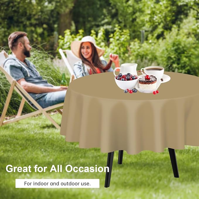 QIKSION Gold Round Tablecloth 6 Pack, 84 Inch Plastic Table Cover Disposable for Parties