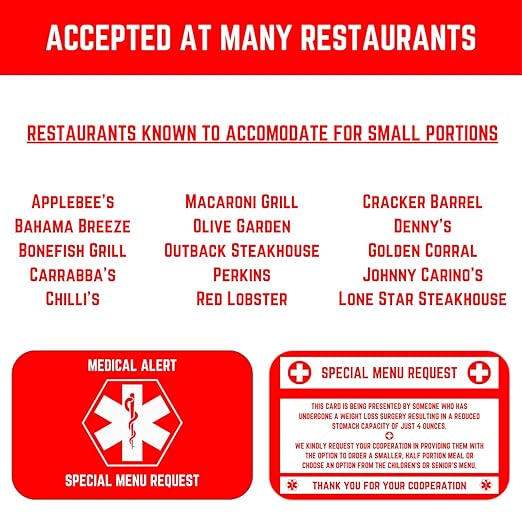 Bariatric Card for Restaurants, Special Menu Request Card, Portion Control Restaurant Request for Bariatric or Gastric Sleeve Patients, Wallet Sized, Set of 2 Cards (2, Red, 3.375in x 2.125in)