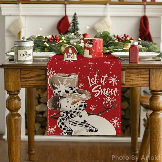Artoid Mode Red Snowman Snowflake Let it Snow Winter Table Runner, Seasonal Christmas Kitchen Dining Table Decoration for Home Party Decor 13x72 Inch