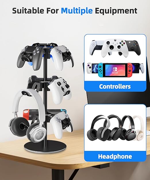 Aluminum Alloy Controller Holder 3 Layers,360 Degree Rotation Tier,Gaming Controller Stand for Xbox PS5 PS4 Switch,Headphone Stand,Headset Holder & Desk Mounts for 9 Packs Controller