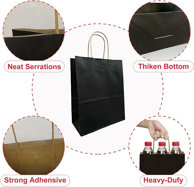 100 Pack Medium 5.9x3.1x8.25Inch Black Kraft Paper Gift Bags with Handles for Bulk Shopping, Retail, Craft, Party Favors, Wedding, Grocery & Sacks