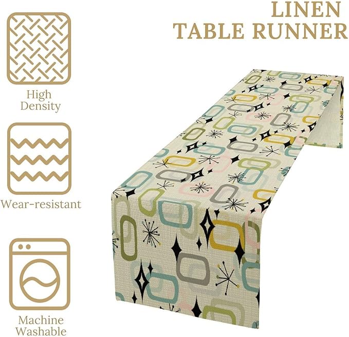 Mid Century Table Runner, Flag Retro Atomic Starburst 1950s Abstract Geometric Space Tabletop Decoration for Home Kitchen Restaurant Table Flag 13x120 Inch