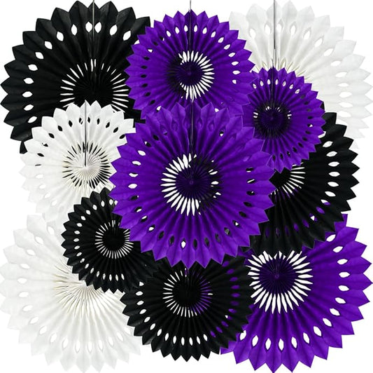 BEISHIDA Black Purple White Hanging Honeycomb Round Paper Fans Decoration Set for New Year Baby Shower Halloween Birthday Wedding Photo Booth Backdrops Anniversary Paper Party Supplies 11packs