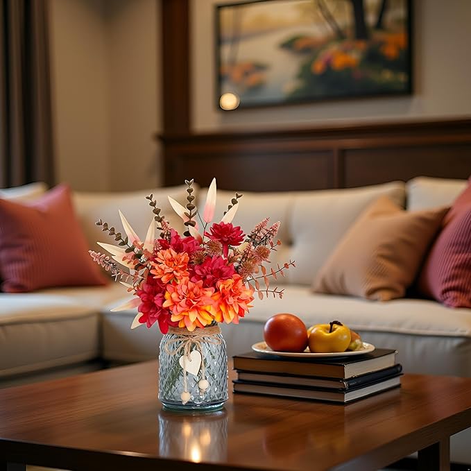 Fake Fall Flowers in Vase,Faux Flowers in Vase,Fall Floral Arrangement,Fall Centerpieces for Tables,Artificial Flowers,Kitchen Decor,Coffee Table Decor
