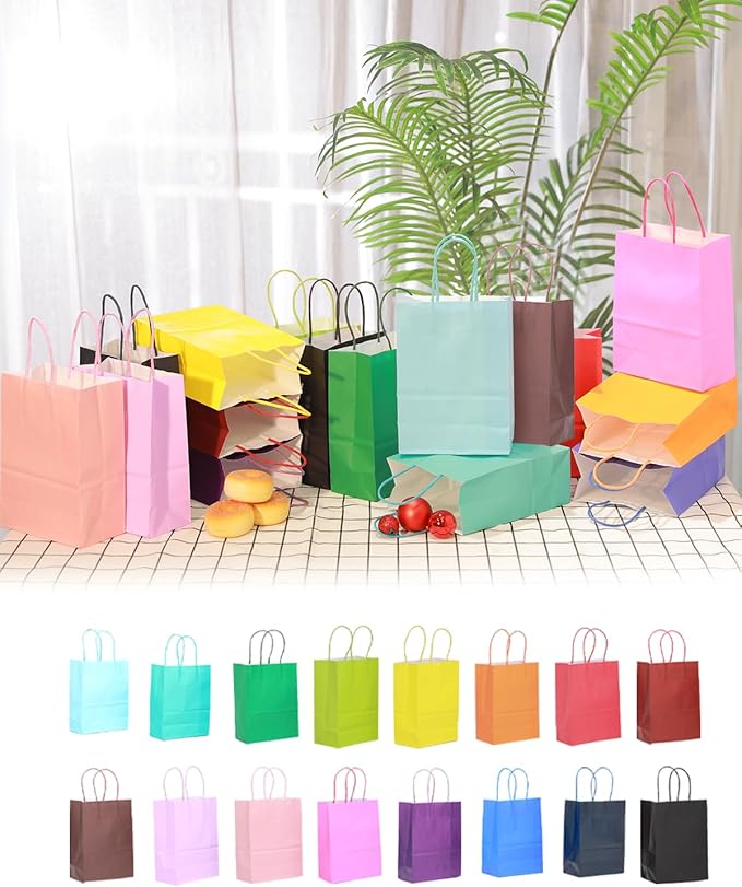 qiqee 100Pcs Paper Gift Bags with Handles 16 Different Senior Color Bags Multiple Uses（13"x10.3"x4.6",Large Size）
