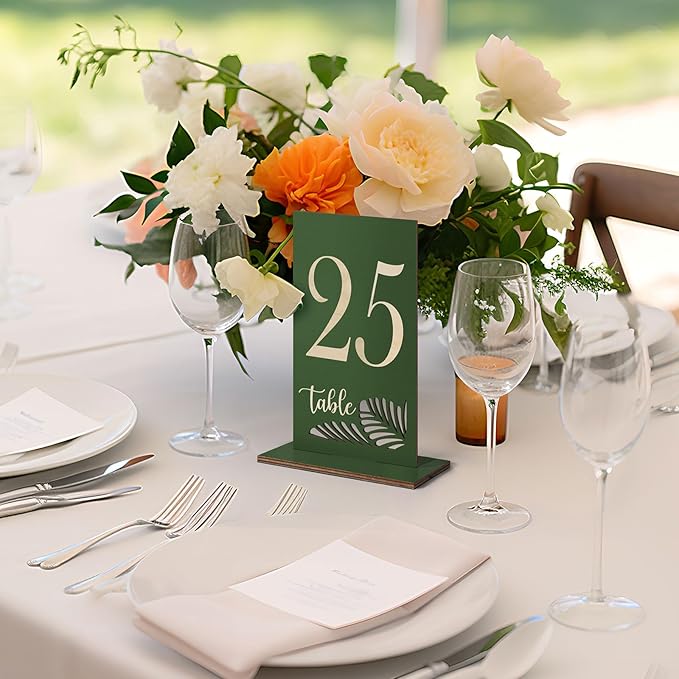 Wooden Table Numbers 1-25,3.2x5.8 Inch Double Sided Rustic Olive Green Wedding Table Number Signs with Wooden Base,Wedding Centerpieces for Banquet Restaurant Party Decor(Olive Green, 1-25)