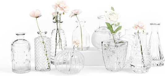 Gather & Bloom Creations Glass Bud Vases in Bulk – Set of 10 Mini Wedding Centerpiece Vases – Durable, Vintage-Inspired Clear Glass Vases for Flowers and Table Decor