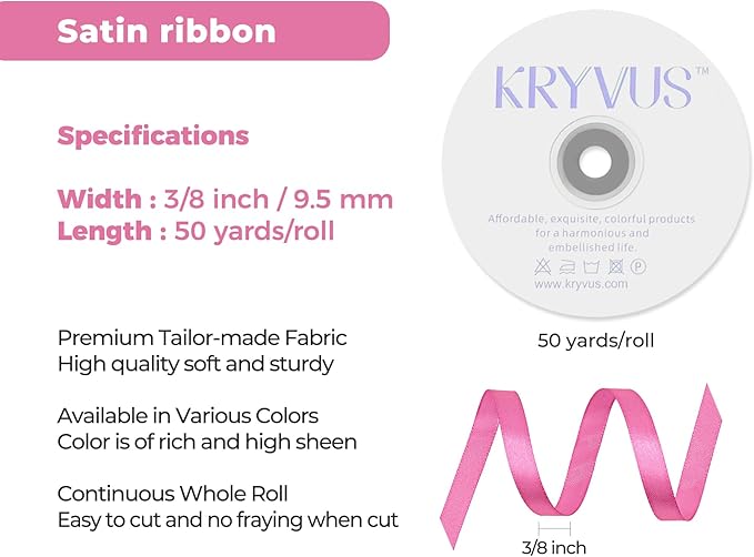 Hot Pink Satin Ribbon 3/8 inch X Continuous 50 Yards, Single Face Polyester Ribbon Perfect for Gift Wrapping, Flower Bouquet, Wedding Decor, Crafts, Bow Making, Sewing and More