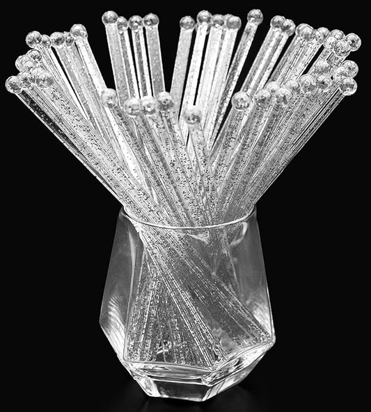 50-PCS Silver Glitter Plastic Swizzle Sticks, Crystal Cake Pops, Cocktail Coffee Drink Stirrers, Lolipop Stick, 7.24 Inch
