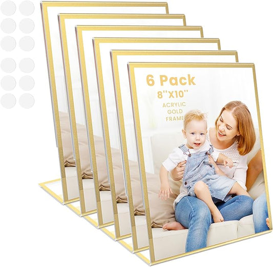 Acrylic Gold Frames 8 x10, Slanted Back Gold Picture Frames Table Acrylic Sign Holder for Photos Wedding Table Numbers and Art Display with Removable Clear Sticky Dots，6 Pack