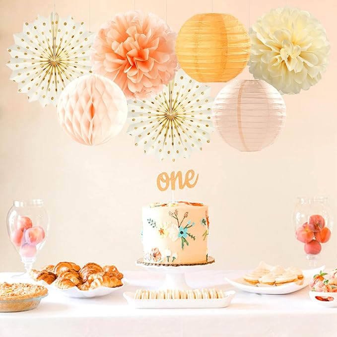 Beige-Orange Peach Fall Party-Decorations Paper-Lanterns- 14pcs Autumn Thanksgiving Harvest Birthday Boho Streamers Fan,Tissue Pom Poms, Baby Bridal Shower Wedding Engagement Decor Lasting Surprise