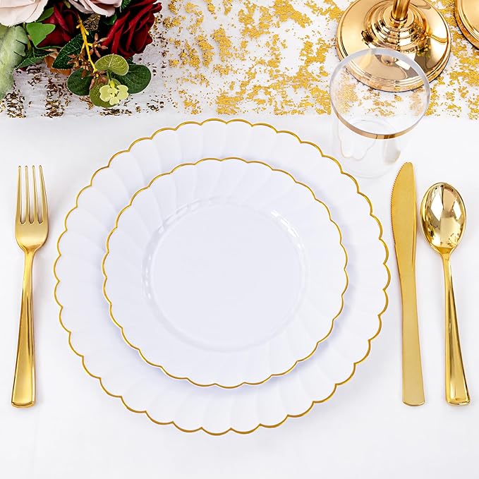 YOUBET 350PCS Gold Scalloped Plastic Plates - White and Gold Disposable Dinnerware Set Include 100 Plates, 150 Gold Silverware, 50 Cups, 50 Napkins for Wedding & Party & Thanksgiving