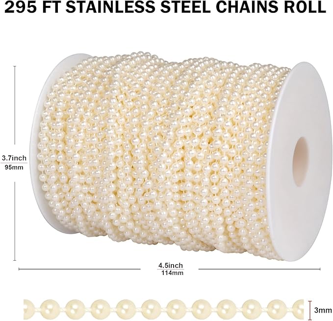 295 FT Pearl Beads Garland for Decoration, 3MM Craft Pearl Beads String Roll Spool for DIY Craft Wedding Party Christmas Tree Decoration
