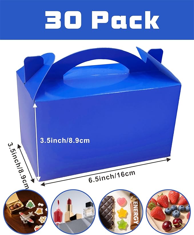 TIMESEEK 30-Pack Royal Blue Gable Treat Boxes with Handles - 6" Pop-Up Party Favor Gift Boxes for Birthday, Wedding, Baby Shower, Eco-Friendly Candy, Cookie, Goodie Bags for Kids, Bachelorette Decor