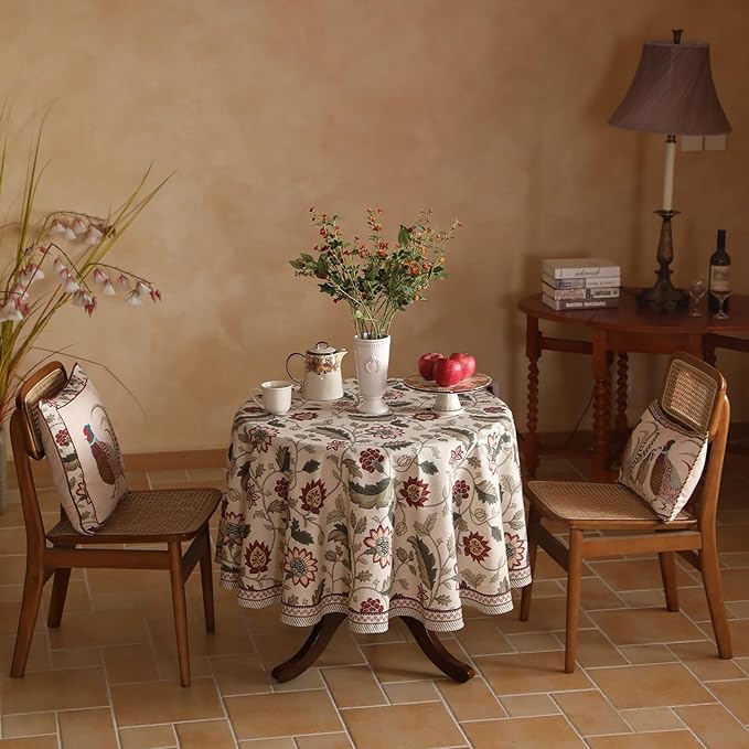 ISAENNE Designer Provence Floral Round Tablecloth,Linen Colorful Washable Indoor Table Cloth,Durable Home Decor Tablecloths for Dining Thanksgiving Kitchen Christmas,Diameter 67"-Ratina