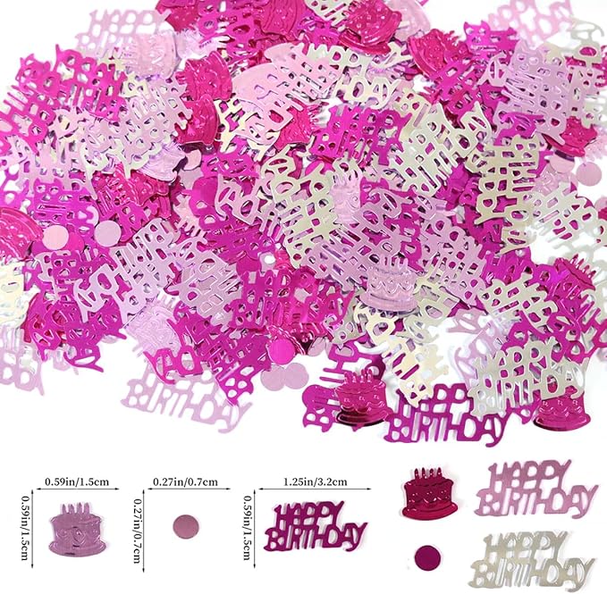 Hot Pink and Silver Happy Birthday Confetti, 3000 Pcs Birthday Cake Table Metallic Foil Confetti Party Table Decor for Party, Baby Shower, DIY Arts and Crafting