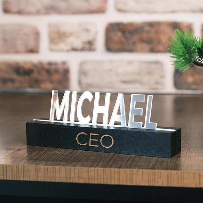 Personalized Silver Desk Name Plate – Custom Engraved Name Sign with Black Beech tree Base – Modern Office Name Tag Gift for Boss, Teacher, Coworker, or Professional – Handmade Desktop Decor