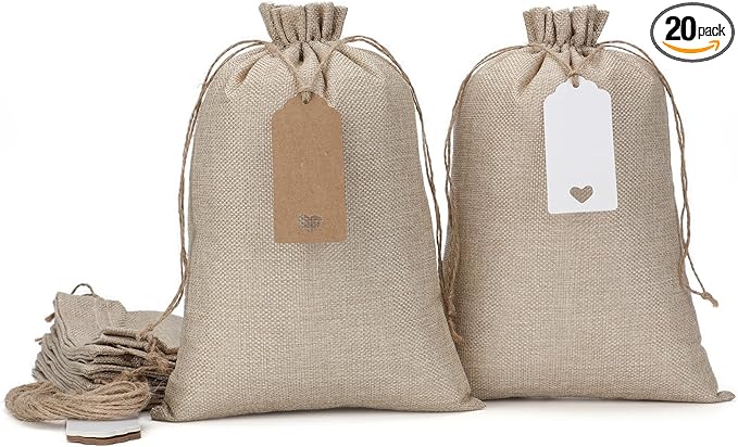 Burlap Bags with Drawstring - 20Pcs 8x12 Gift Sacks for Wrapping Halloween Favors, Breads, Seeds, Mason Jars, For Birthday, Wedding, Rodeo Themed Party or Household Use
