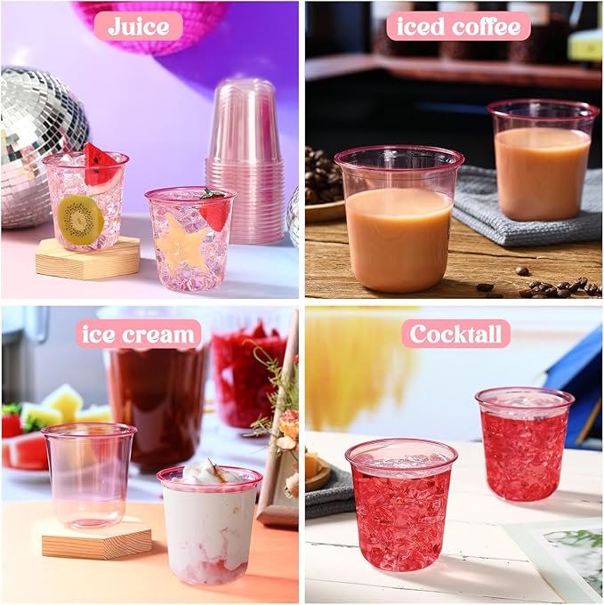 200 Pcs Disposable Stemless Glasses 12oz Crystal Plastic Wine Glasses Clear Classic Pet Cup for Meeting Weddings Birthdays Cocktail Christmas Party Supplies (Pink)