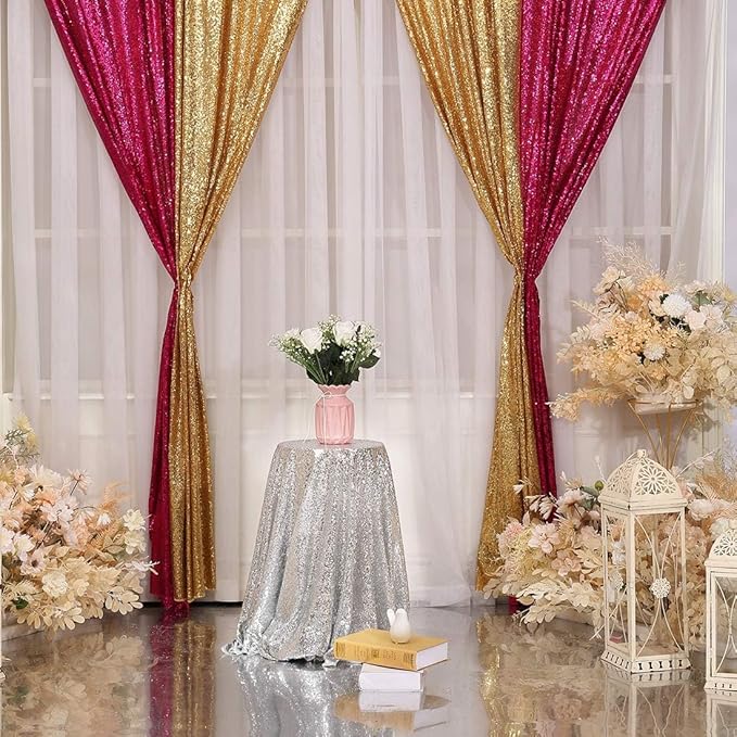 Poise3EHome Hot Pink Sequin Backdrop Curtains, 2 PCS 5FT x 10FT Sequin Panels for Backdrop,Sequence Wedding Party Background Drapes