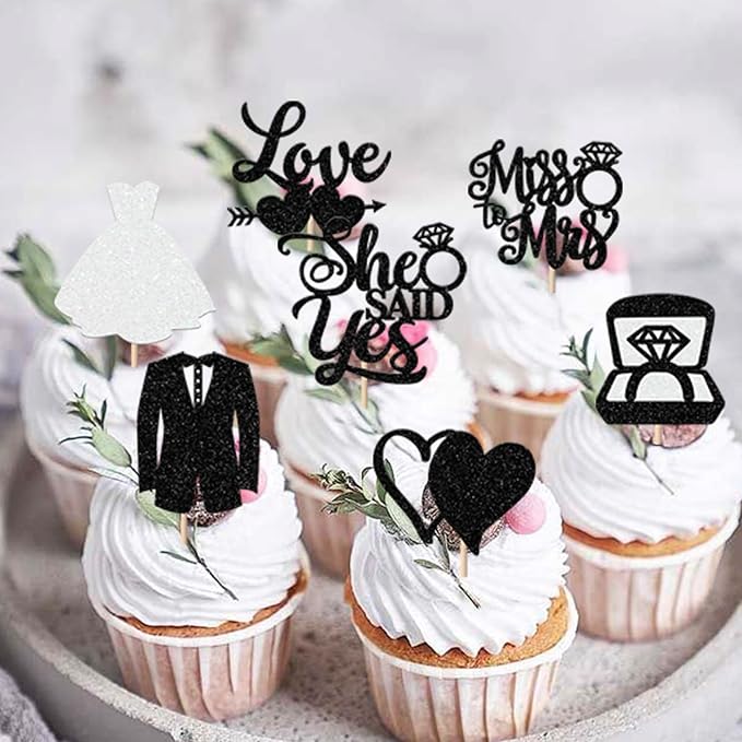 30 Pack Bride to be Cupcake Toppers Glitter Diamond Ring Love I Do Cupcake Picks Miss to Mrs He Asked She Said Yes Bridal Shower Wedding Engagement Bachelorette Cake Decorations Party Black
