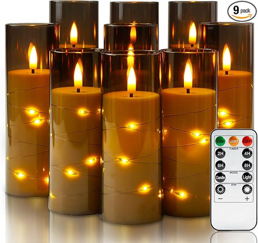 Homemory Flameless Candles with Embedded Star String Fairy Lights, Acrylic Battery Operated Candles with Remote Control and Timer, Flickering LED Candle for Halloween, Grey, Set of 9, D2.2”xH5”6”7”