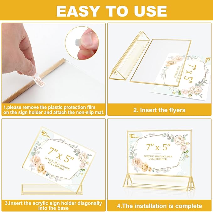 EHWINE 6 Pack Acrylic Sign Holder 5 x 7 Horizontal, Double-Sided Stand up Table Top Sign Holders, Gold Acrylic Picture Frame Menu Flyer Paper Holder Display Stand for Office Business Store Wedding Party