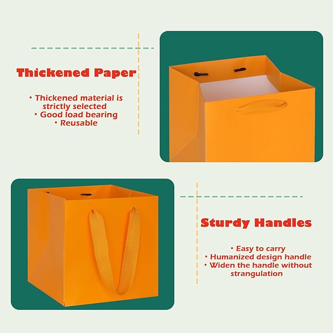 ADIDO EVA Orange Square Gift Bags Medium Size Square Bottom Paper Bags with Handles for Party Favor, Shopping Bag (10x10x10 In, 10 CT)