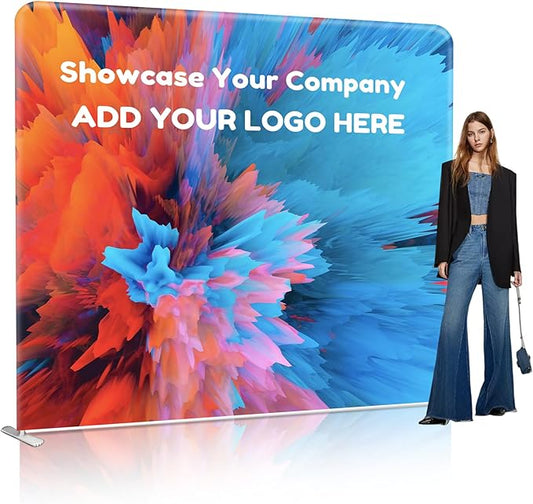 Custom Stand Backdrop with Aluminum Stand, 7.5x7.5ft Commercial Tension Fabric Banner, Single-Sided Printing for Trade Show, Weddings, Party, Business
