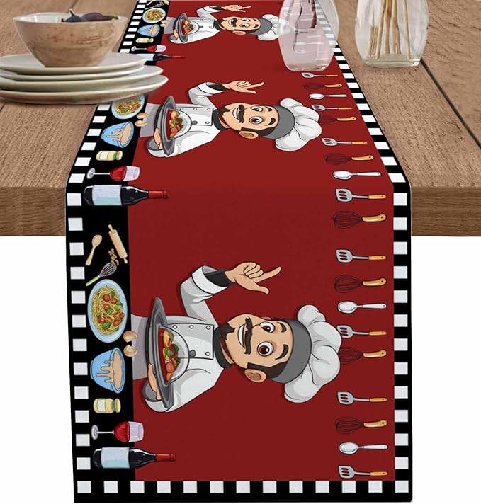 Red Chef Gourmet Cotton Linen Table Runner for Dining Kitchen, Wedding Outdoor Party Tablerunners Decoration, Black White Check Plaid Funny Kitchen Dresser Scarf Coffee Tablecloth Runners 13x48 Inches